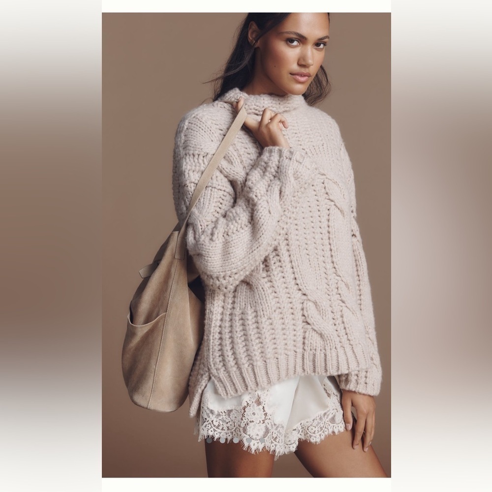 Anthropologie Maeve Mock Neck Cable Wool Blend Sweater